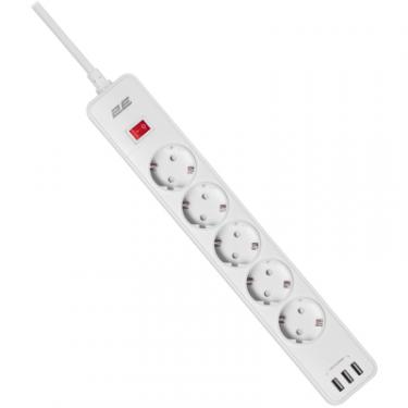 Сетевой фильтр питания 2E 5XSchuko, 3G*1.5мм, 3*USB-A, 2м, white Фото 1