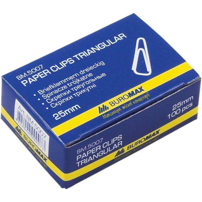 Скрепки канцелярские Buromax 25мм, nickel-plated, triangular, 100шт Фото
