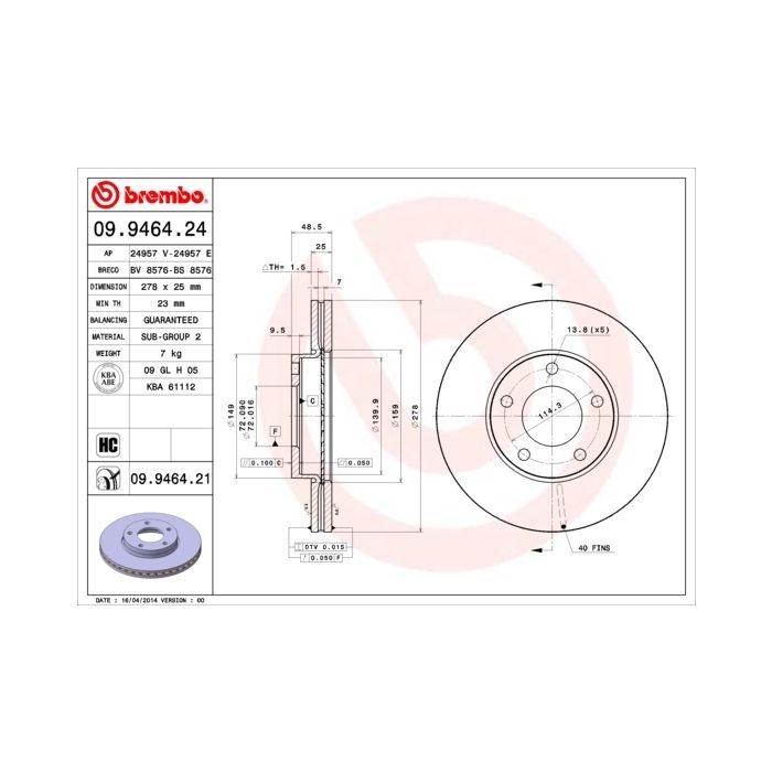 Тормозной диск Brembo 09.9464.24 Фото