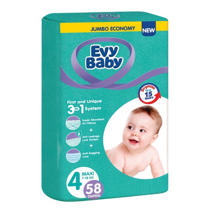Подгузники Evy Baby Maxi Jumbo Розмір 4 (7-18 кг) 58 шт. Фото