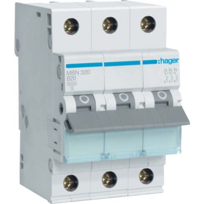 Автоматический выключатель Hager 3-п. B 20A (6kA) 3M (B) Фото