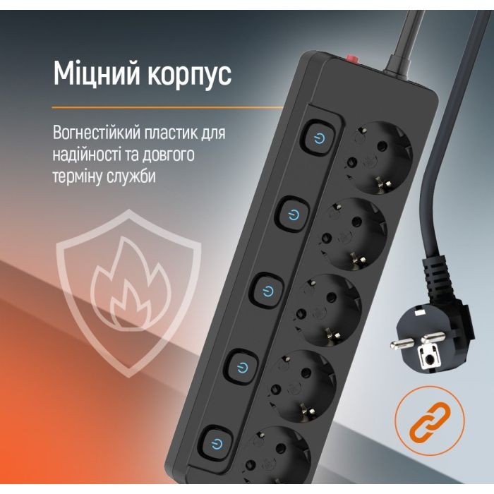 Сетевой фильтр питания ColorWay CW-PSEA52SBK 5 розеток2м Фото 9